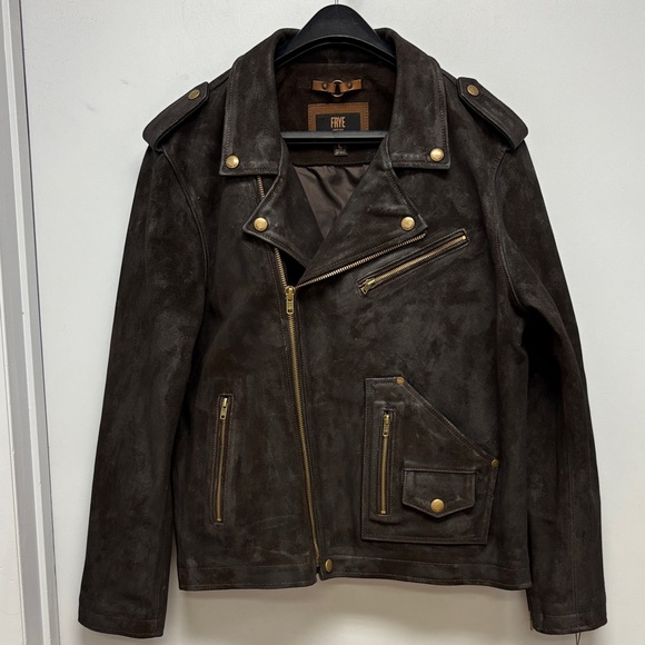 Frye Suede Moto Jacket Dark Brown Size L NWT – Premium Leather